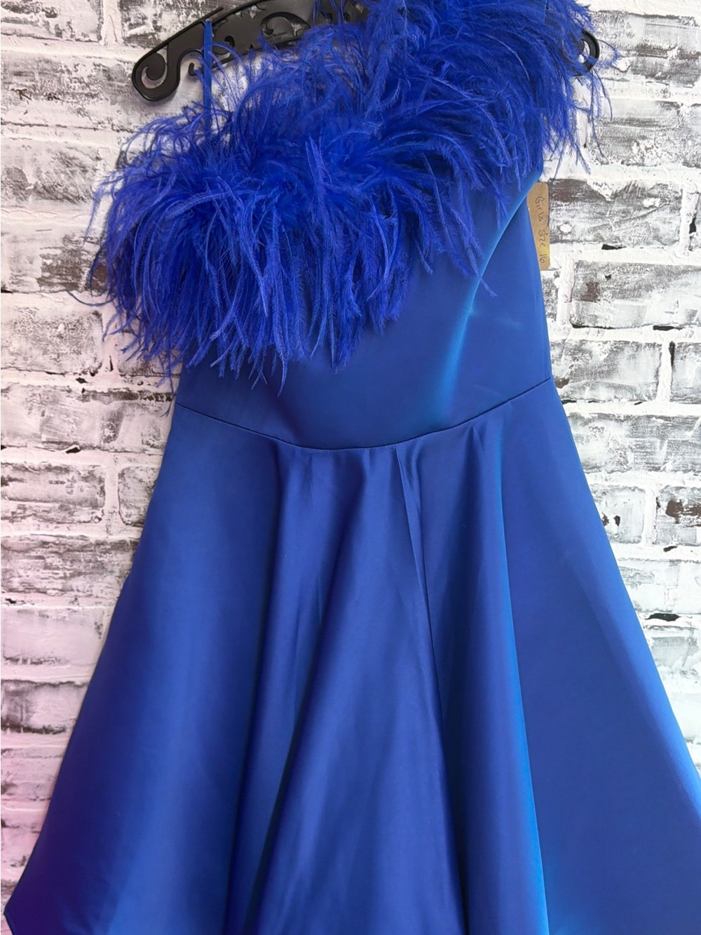 Girls size 16 One-Shoulder Royal Blue Feather-Trim Dress